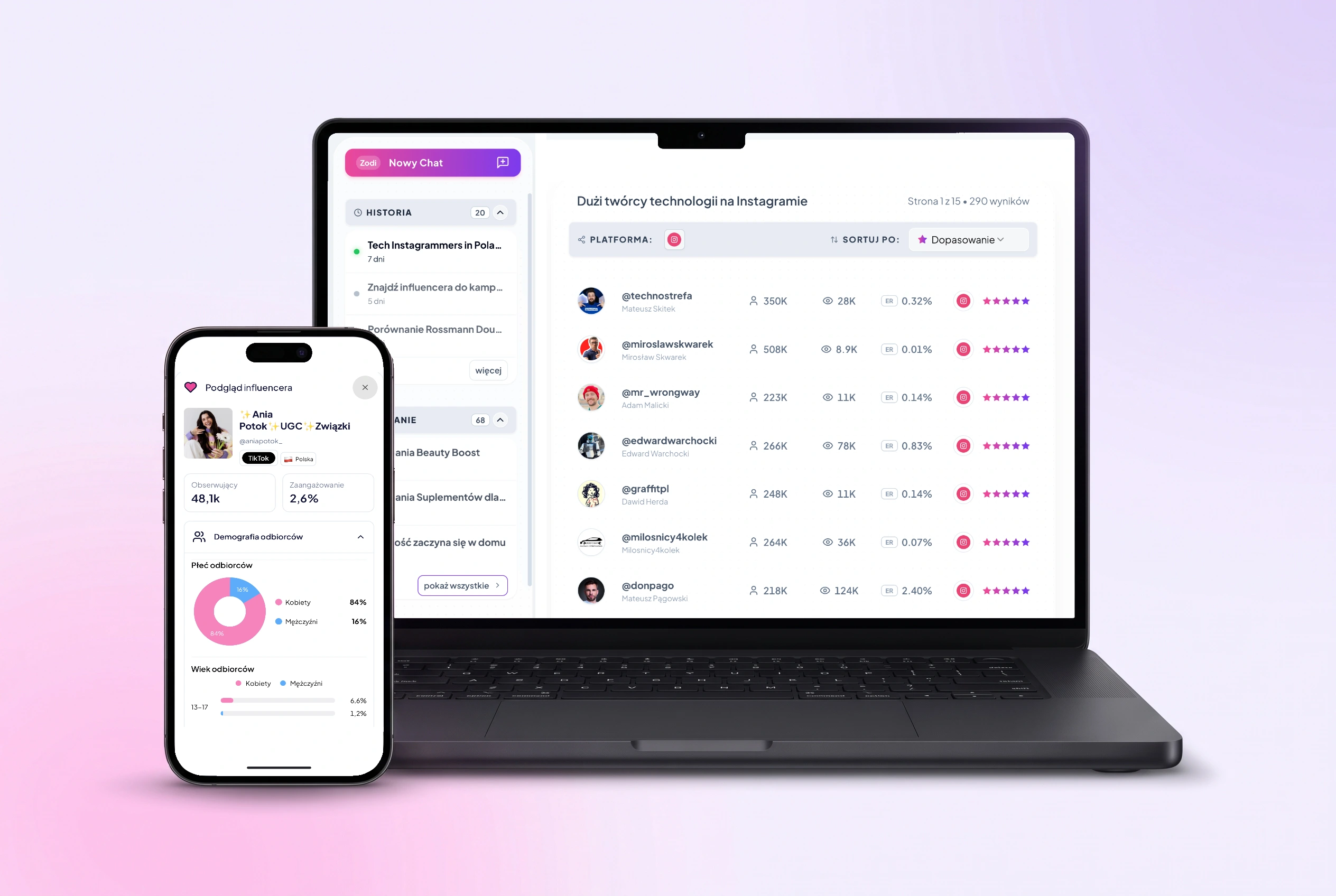 Zodi na iPhonie i MacBooku — wyszukiwanie twórców i profil influencerki.